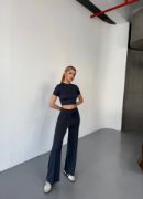 Osy Modal Yumuşak Dokulu Kumaş Kısa Kollu Crop Rahat Pantalon Ikili Takım - Füme resmi